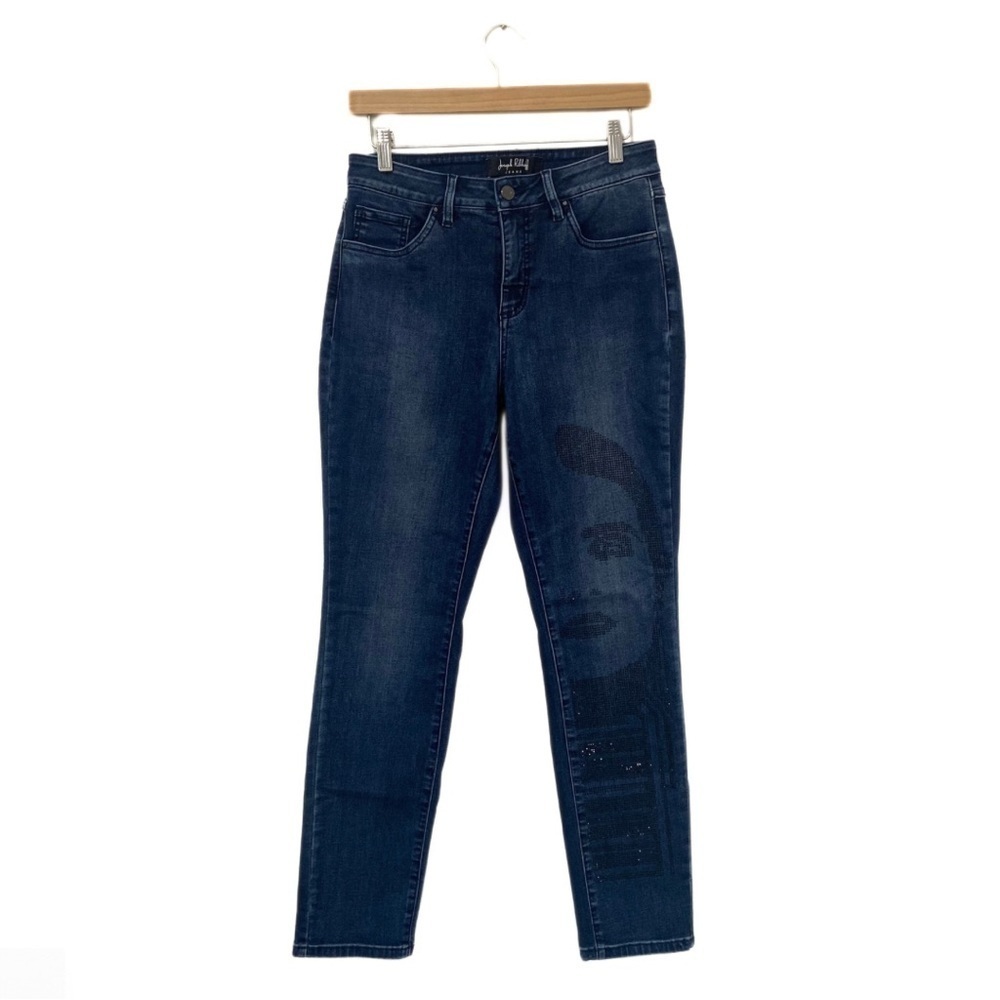 Joseph Ribkoff Blue Mid-Wash Denim Bedazzled Face Detail Slim-Fit Jeans Size 10